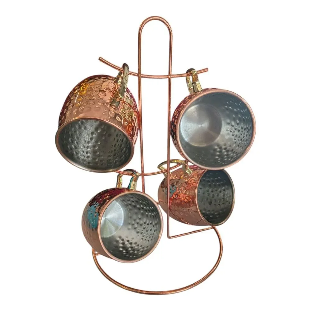 Moscow Mule Copper Mug Set of 4 Display Stand Hammered Cocktail Cups Barwear